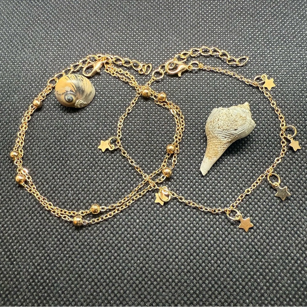NWT Set of 2 Gold Anklets: Beaded Double Chain & Dangling Stars 🌟